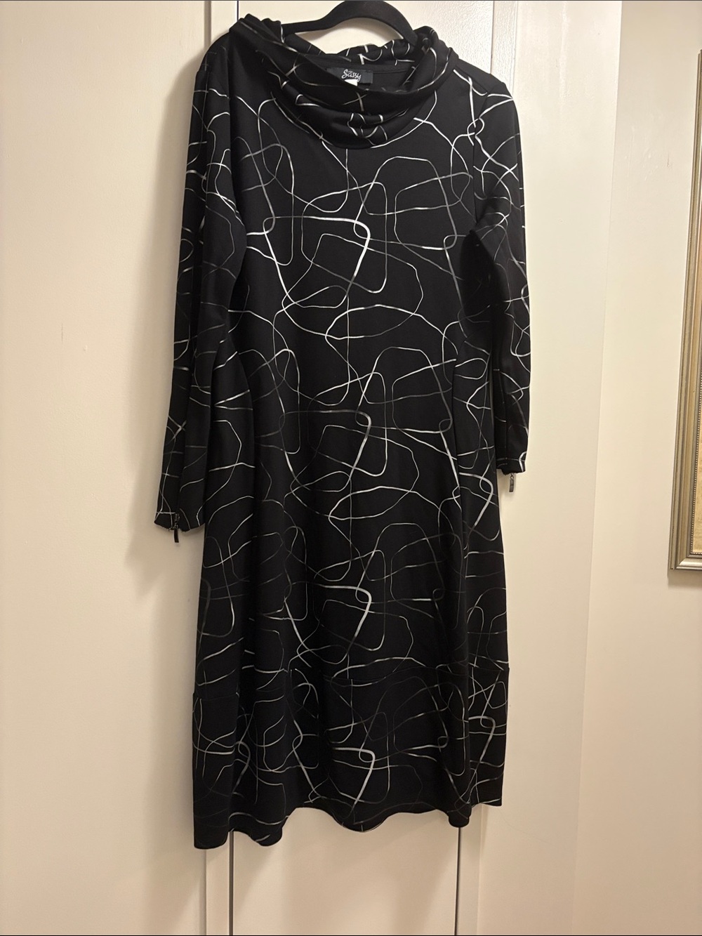 Ever Sassy. Black & White Abstract Print Cowl Neck Dress